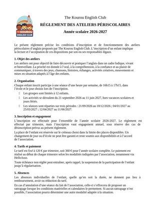 Règlement des ateliers périscolaires 2026-2027